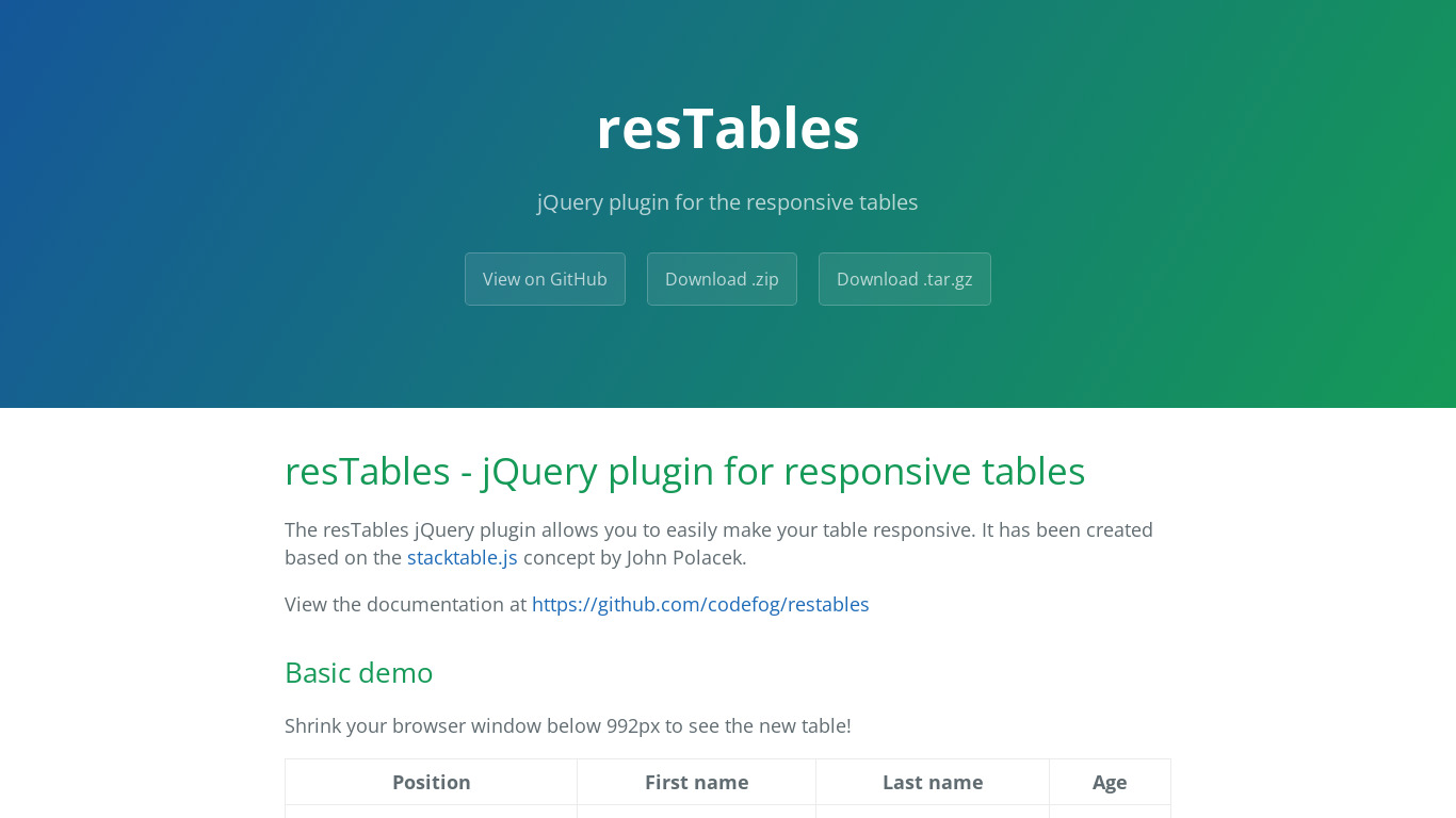 ResTables Landing page