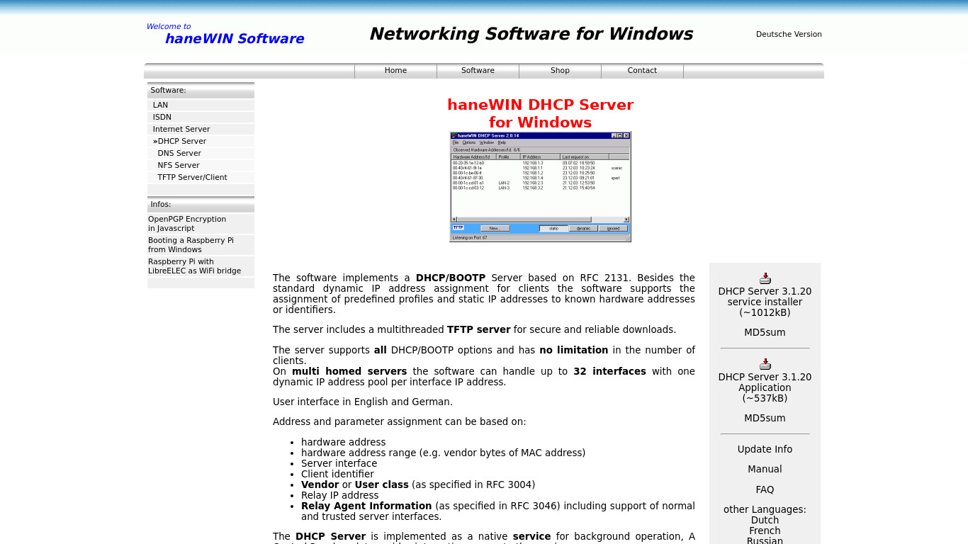 haneWIN DHCP Landing page
