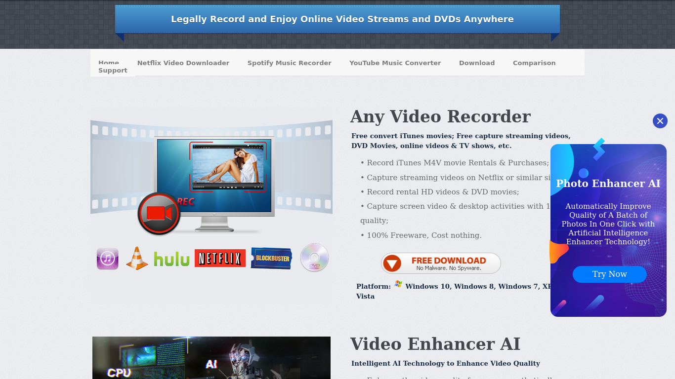 Any Video Recorder Landing page
