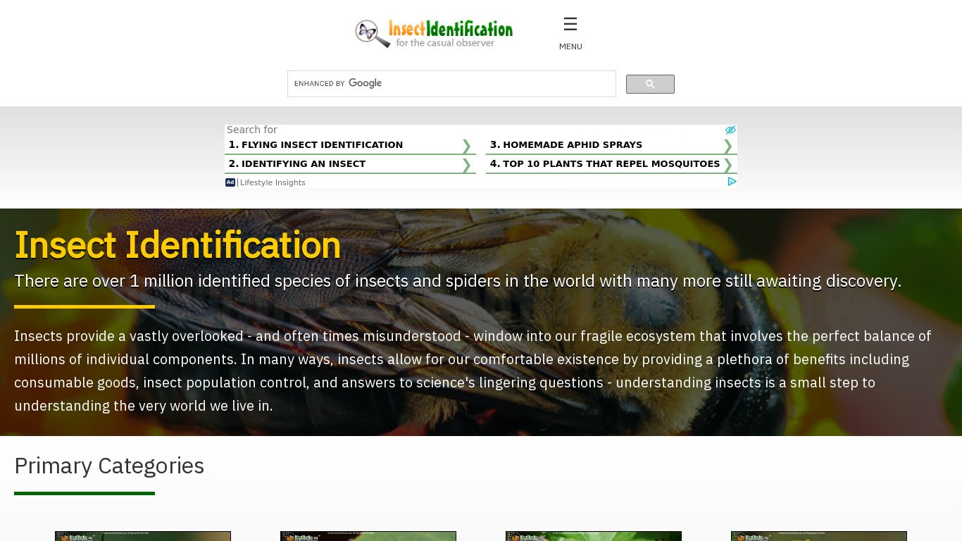 Insect Identification Landing page
