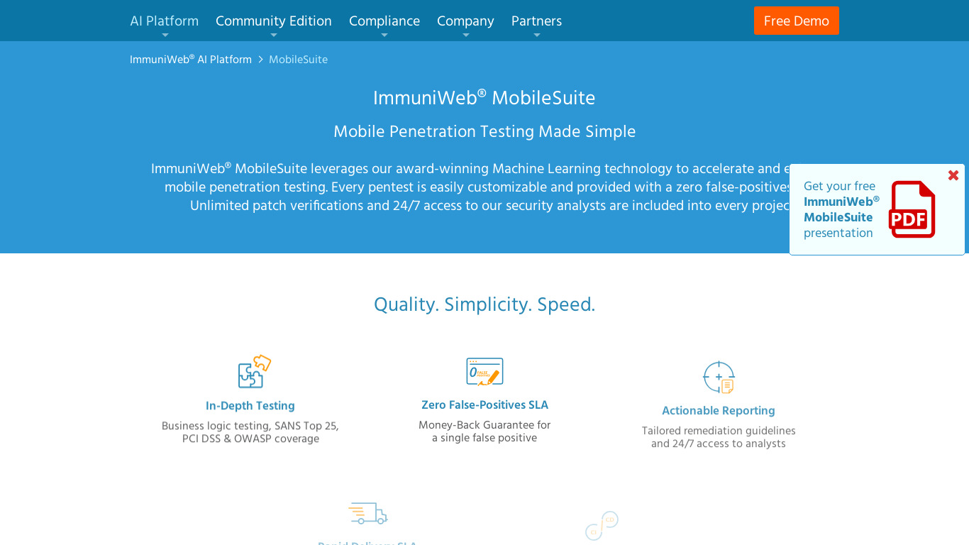 ImmuniWeb MobileSuite Landing page