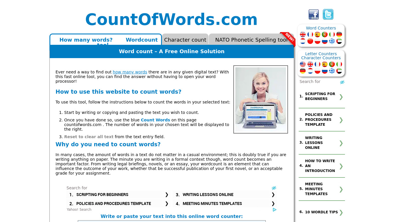 CountOfWords.com Landing page