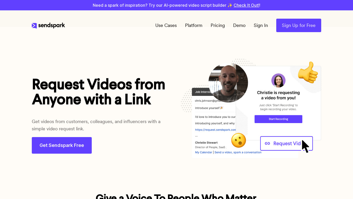 Request Video by Sendspark Landing page