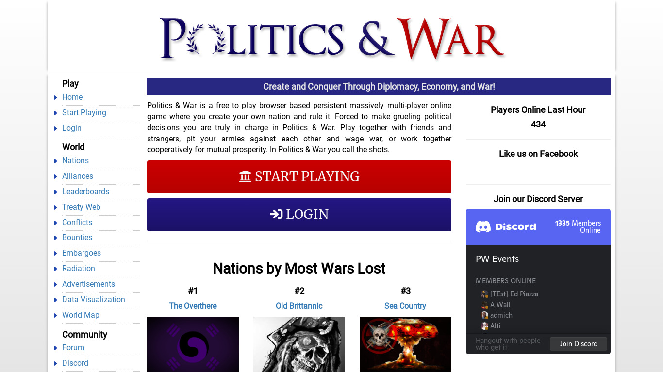 Politics & War Landing page