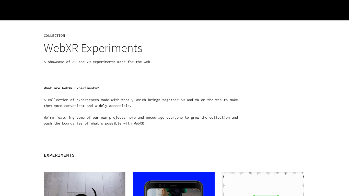 WEbXR Experiments by Google Landing page