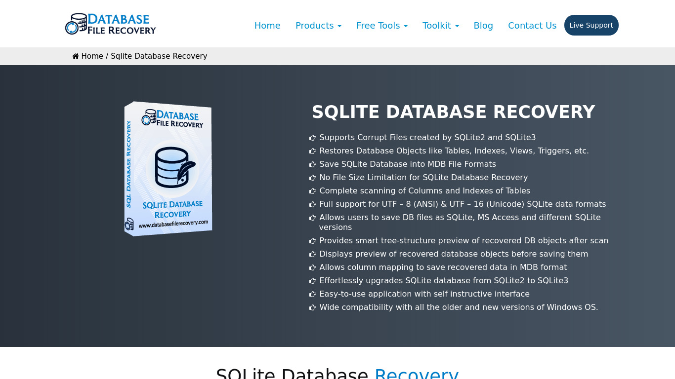 DatabaseFileRecovery - Sqlite Database Recovery Landing page
