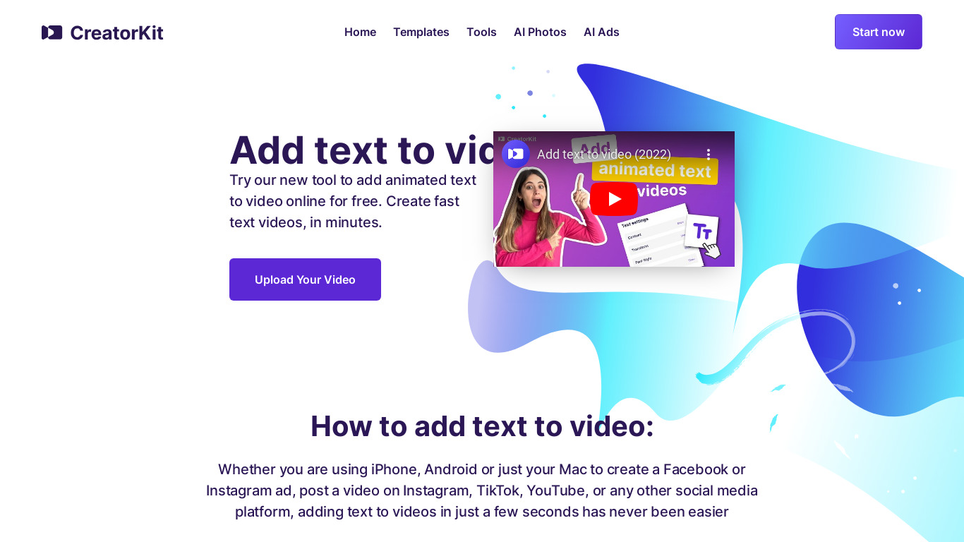 Text to Video by CreatorKit Landing page
