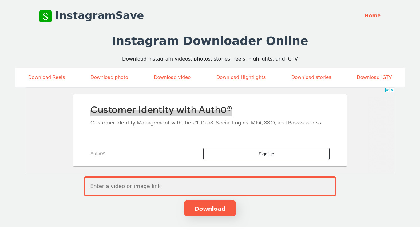 InstagramSave Landing page