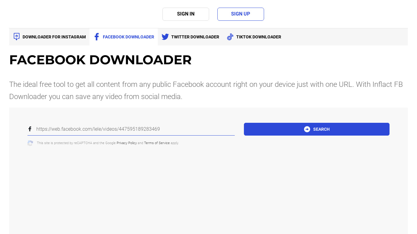 Inflact Facebook Downloader Landing page