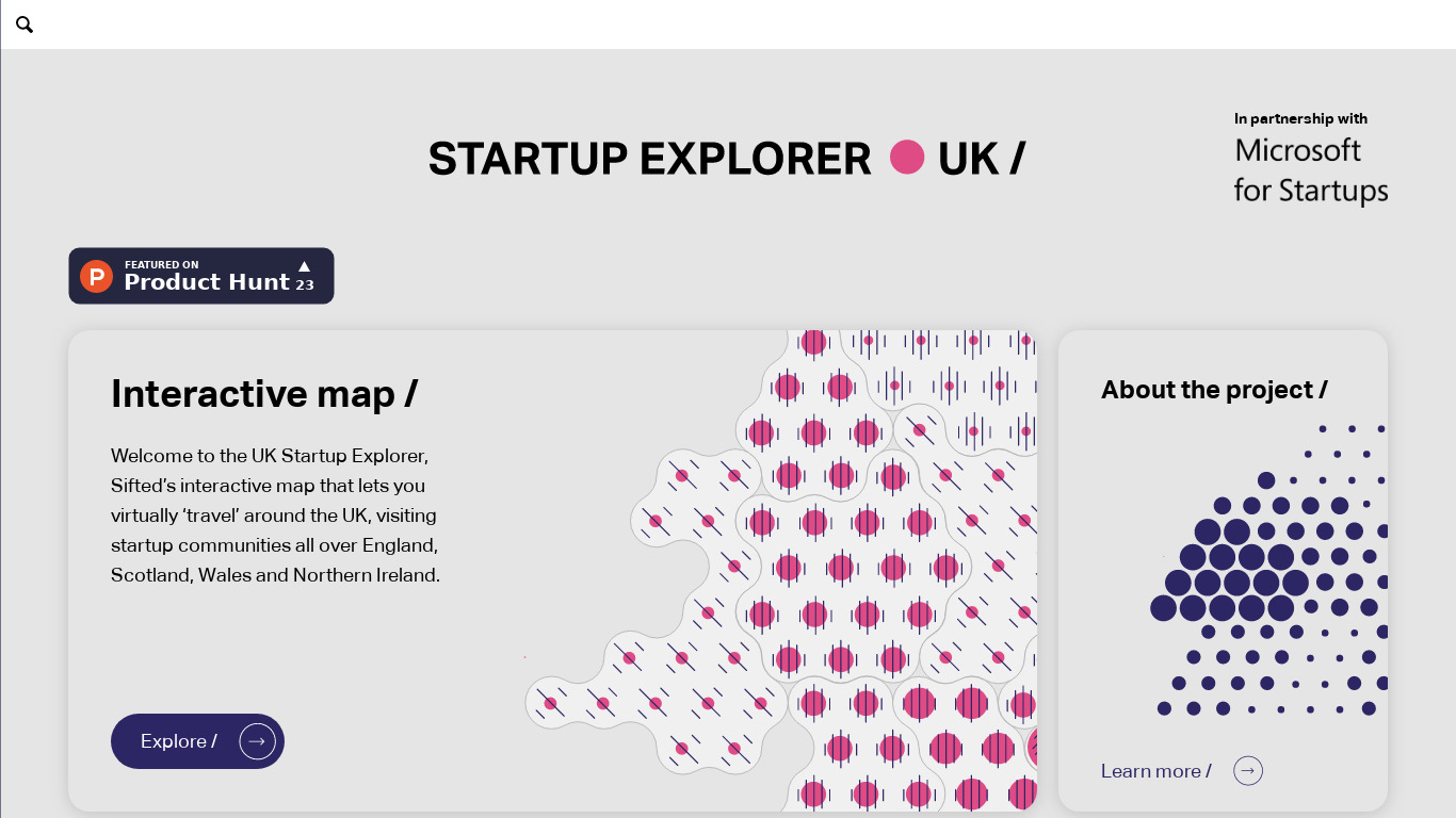 UK Startup Explorer Landing page
