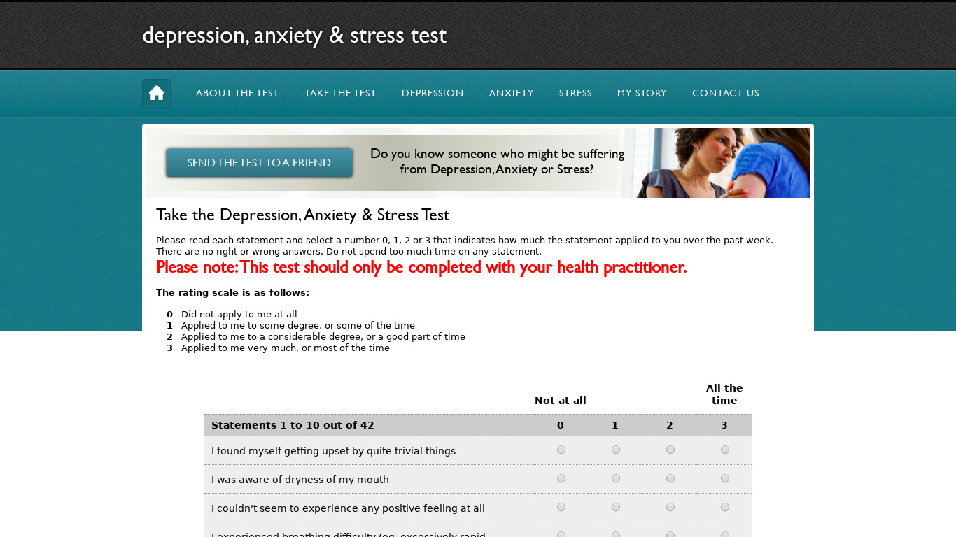 Depression anxiety & stress test Landing page