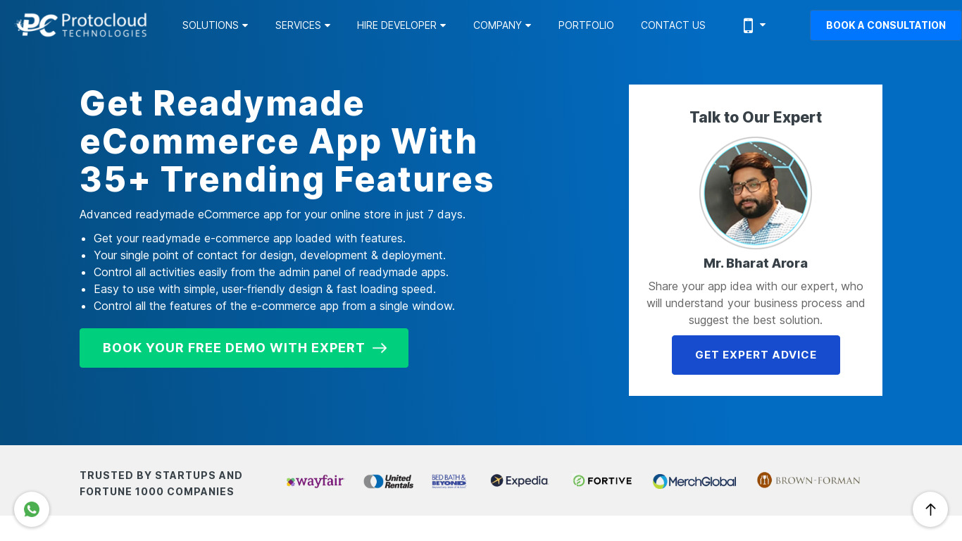 Protocloud Technologies eCommerce App Landing page