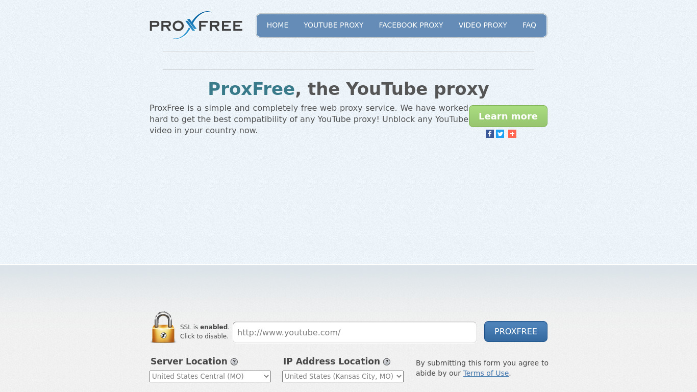 ProxFree Unblock YouTube Landing page