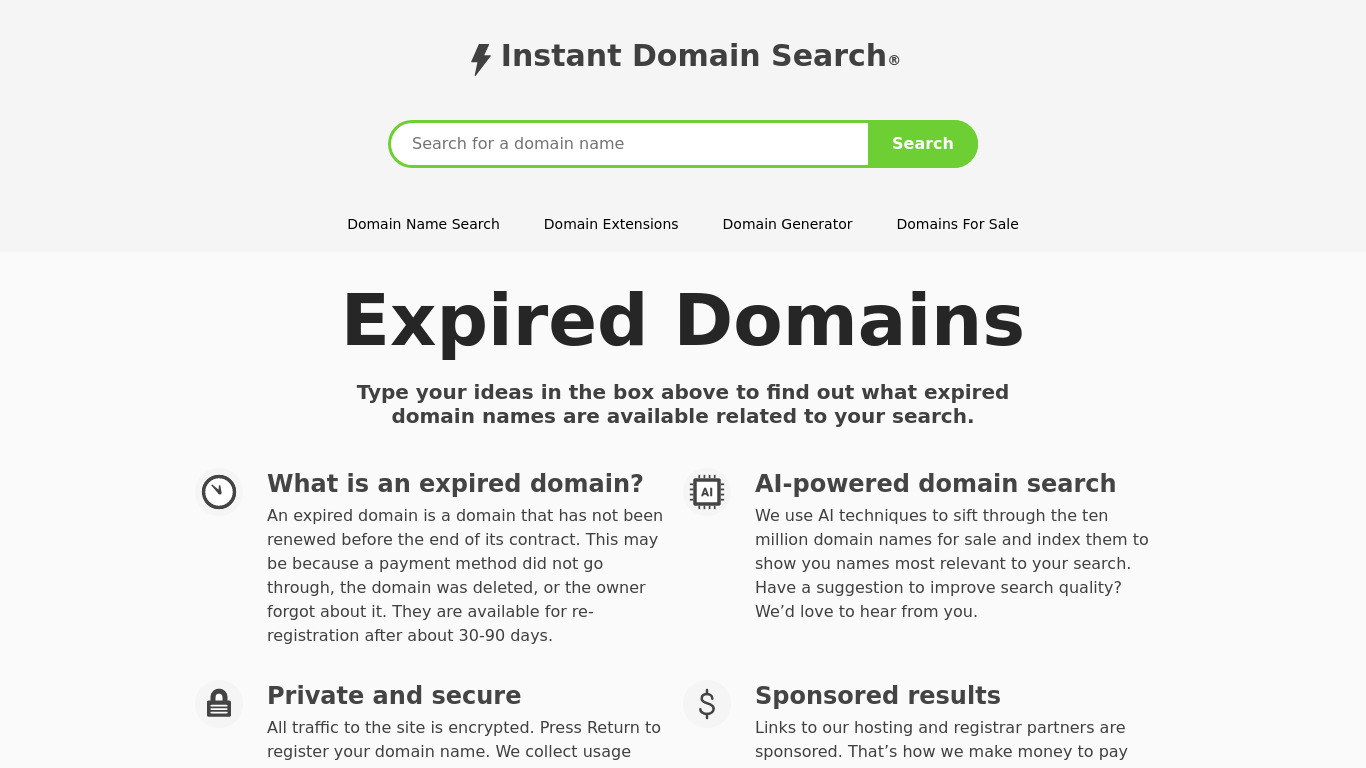 Instant Domain Search Expired Domains Landing page