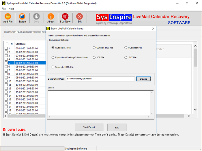 SysInspire Live Mail Calendar Recovery Landing page