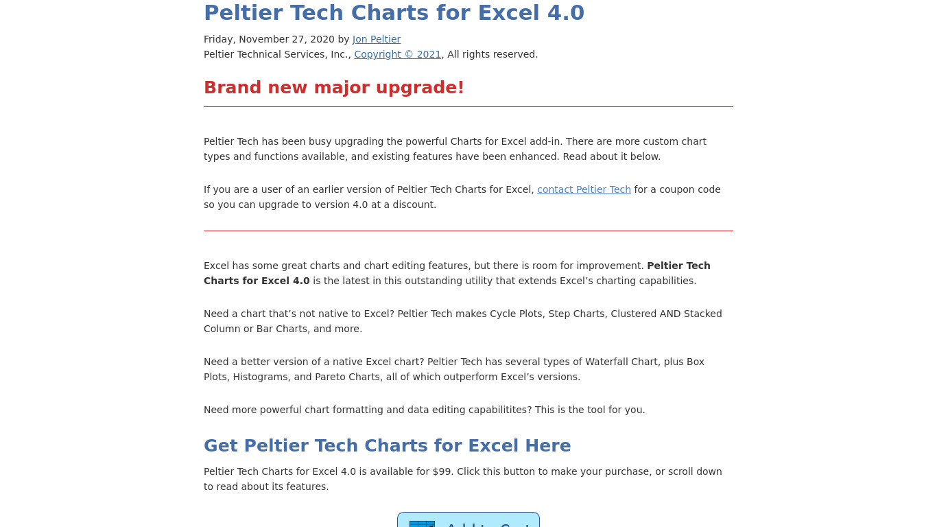 Peltier Tech Charts for Excel Landing page