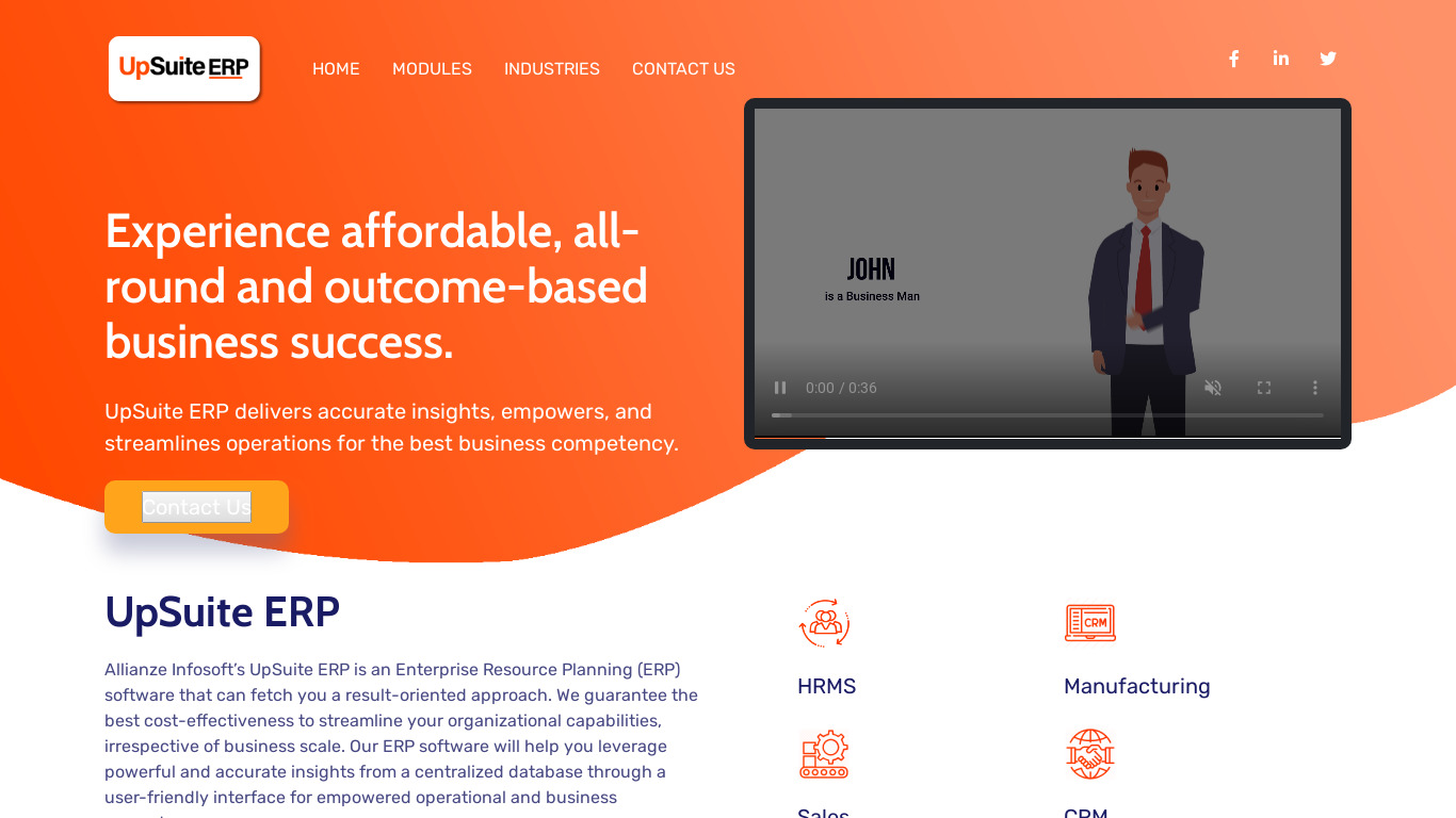 UpSuite ERP Landing page