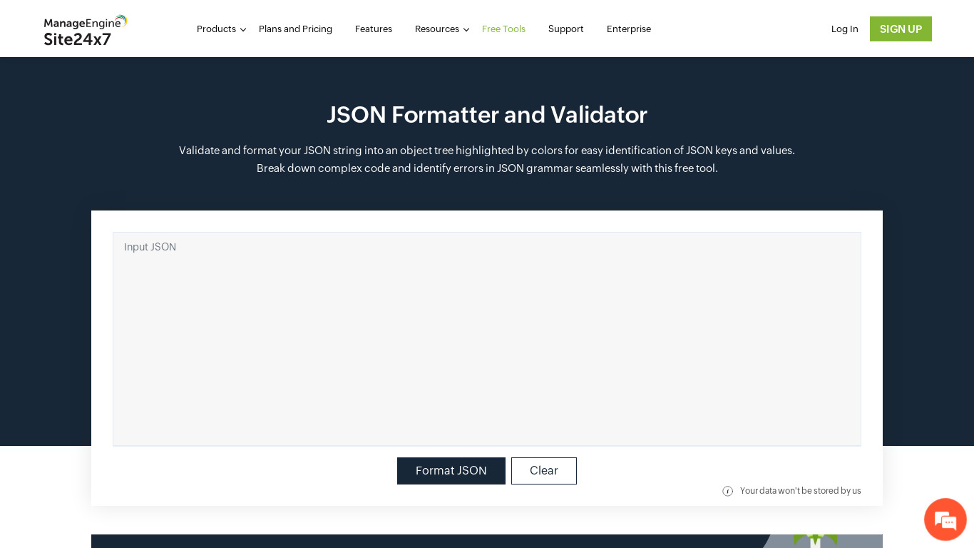 Site24x7 JSON Formatter and Validator Landing page