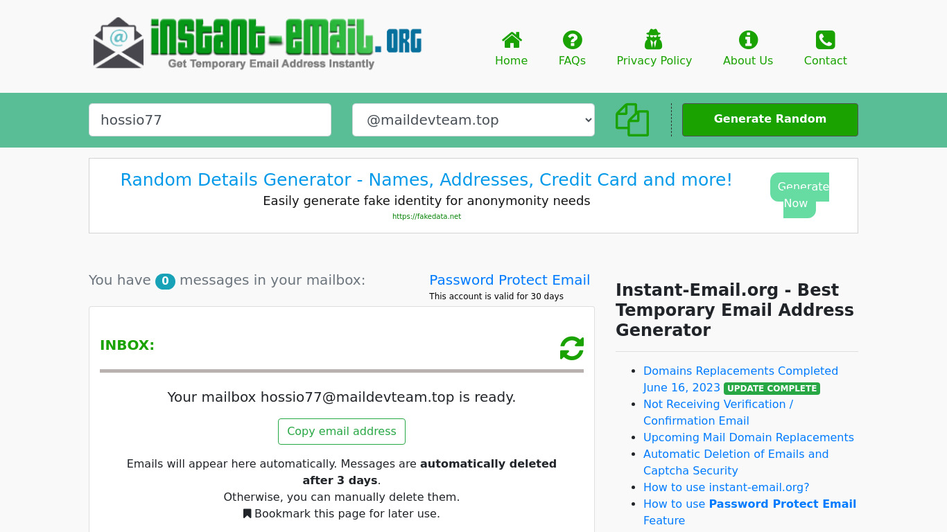 Instant Email Landing page