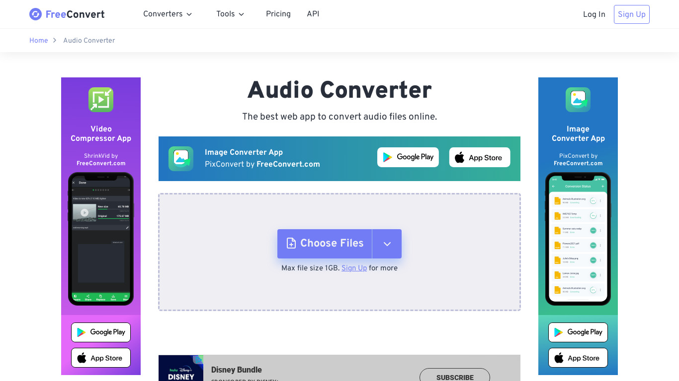 FreeConvert Audio Converter Landing page
