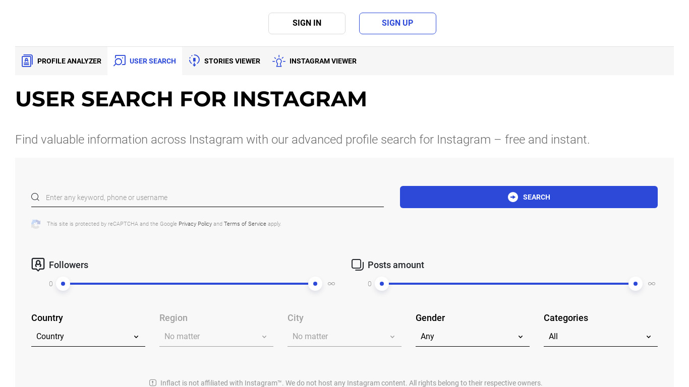 Inflact Instagram Search Landing page
