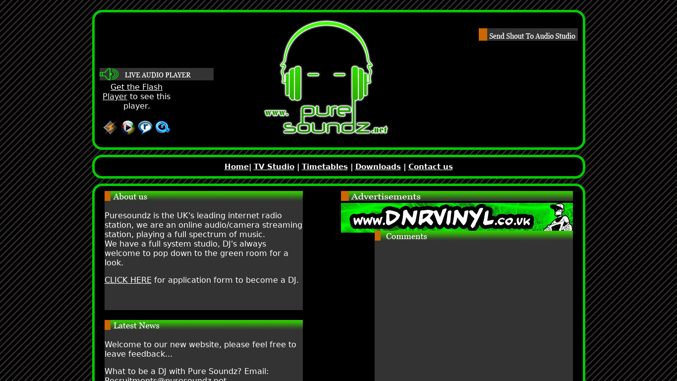 Pure Soundz Radio Landing page