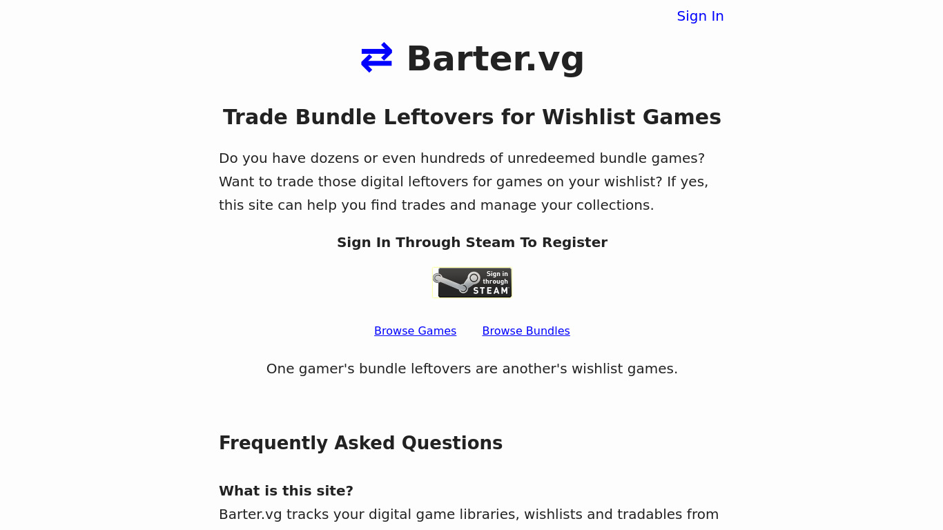 Barter.vg Landing page