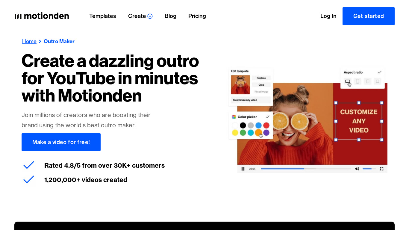 Motionden Video Maker Outro Landing page