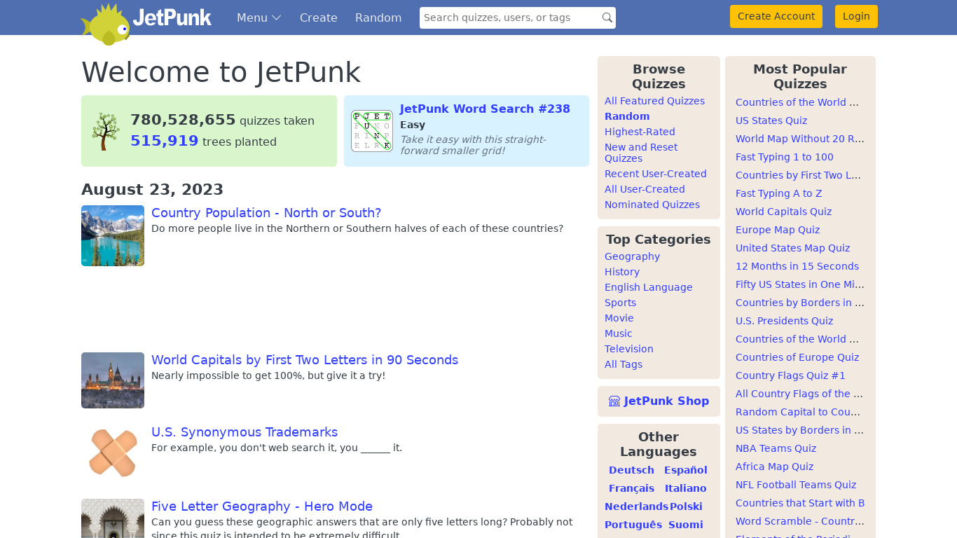 JetPunk Landing page