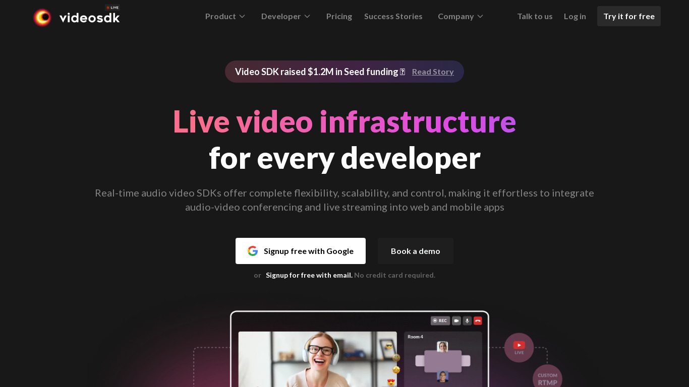 Video Calling API by videosdk.live Landing page