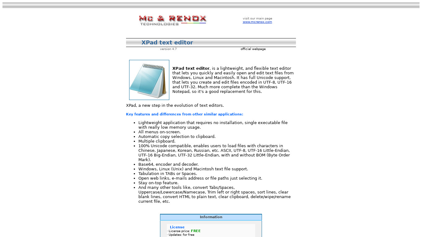 XPad Text Editor Landing page