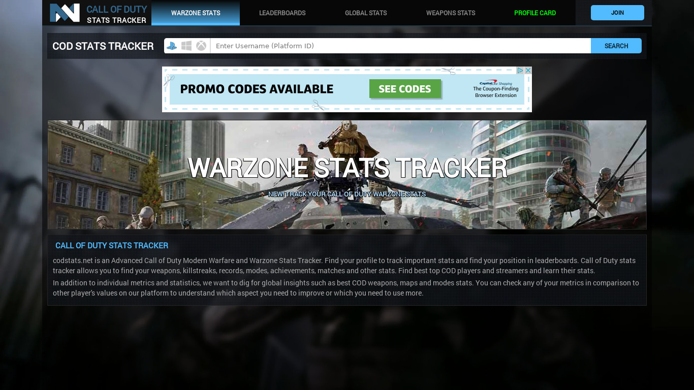 Codstats Landing page