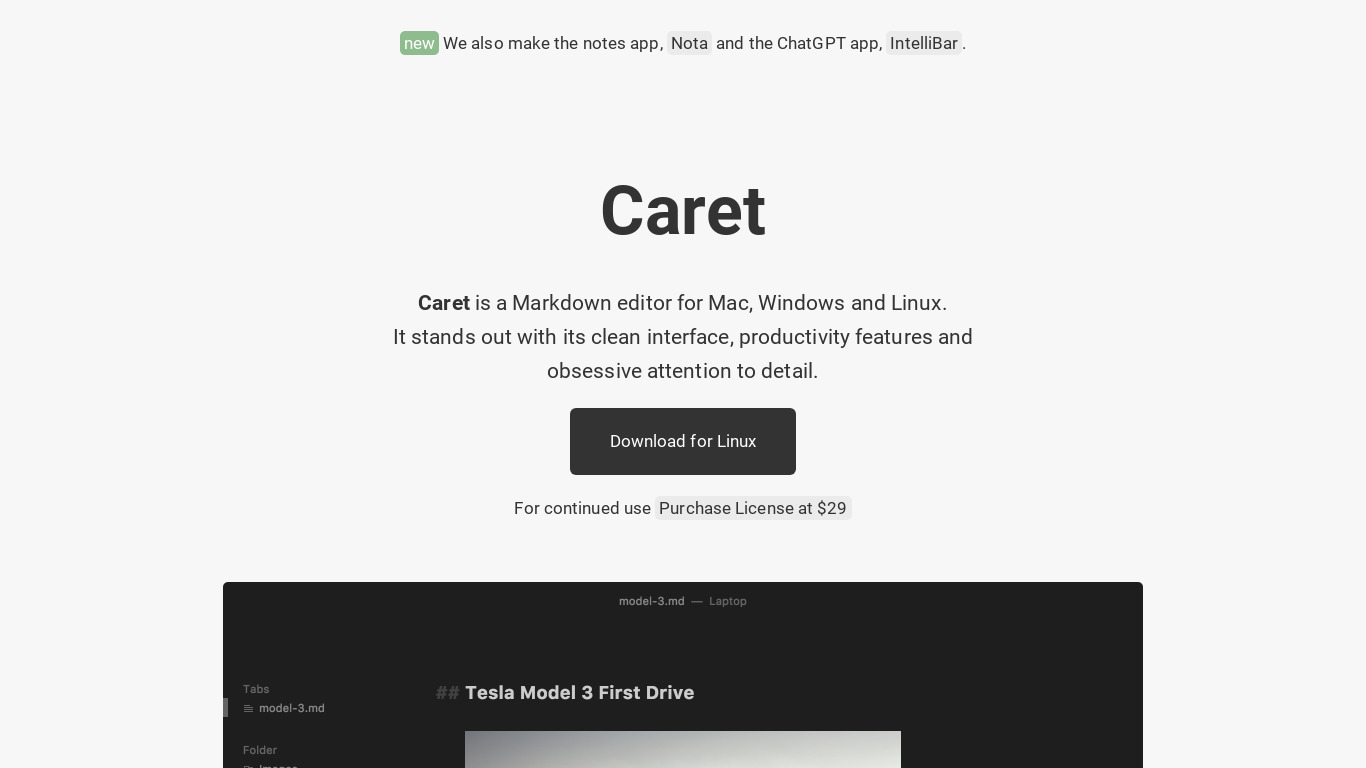 Caret Editor Landing page