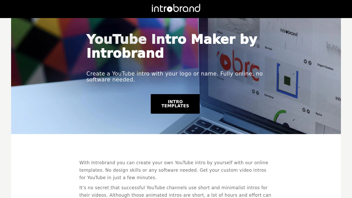 Introbrand YouTube Intro Maker Landing page
