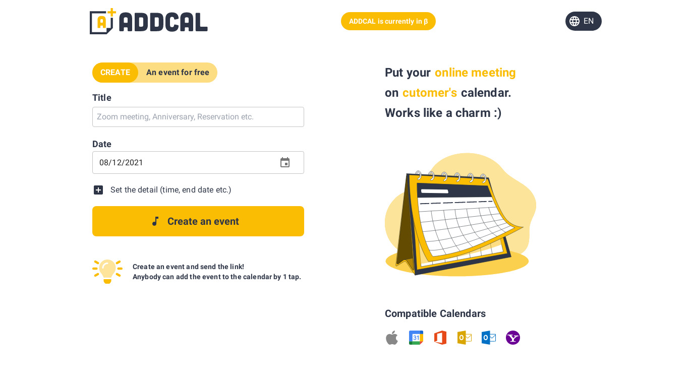 ADDCAL Landing page