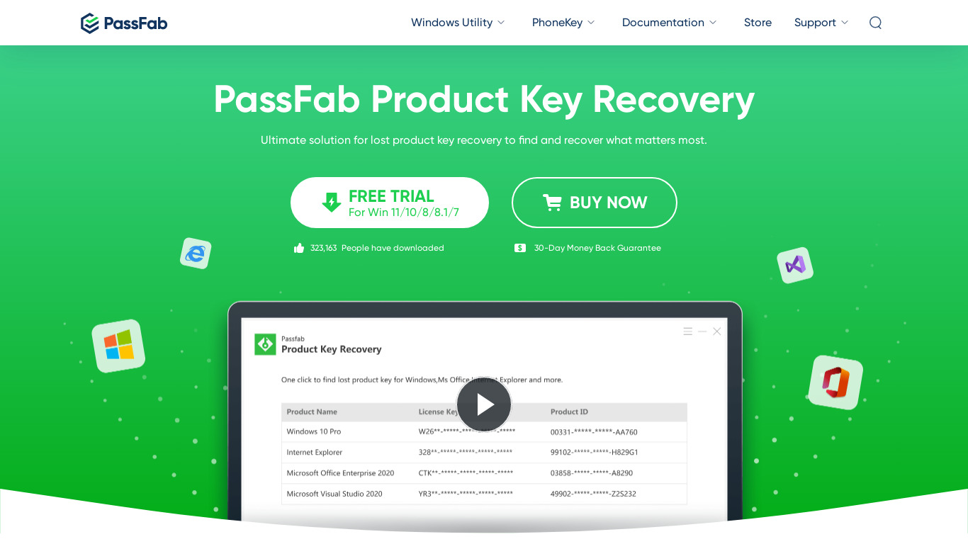 PassFab Product Key Recovery Landing page