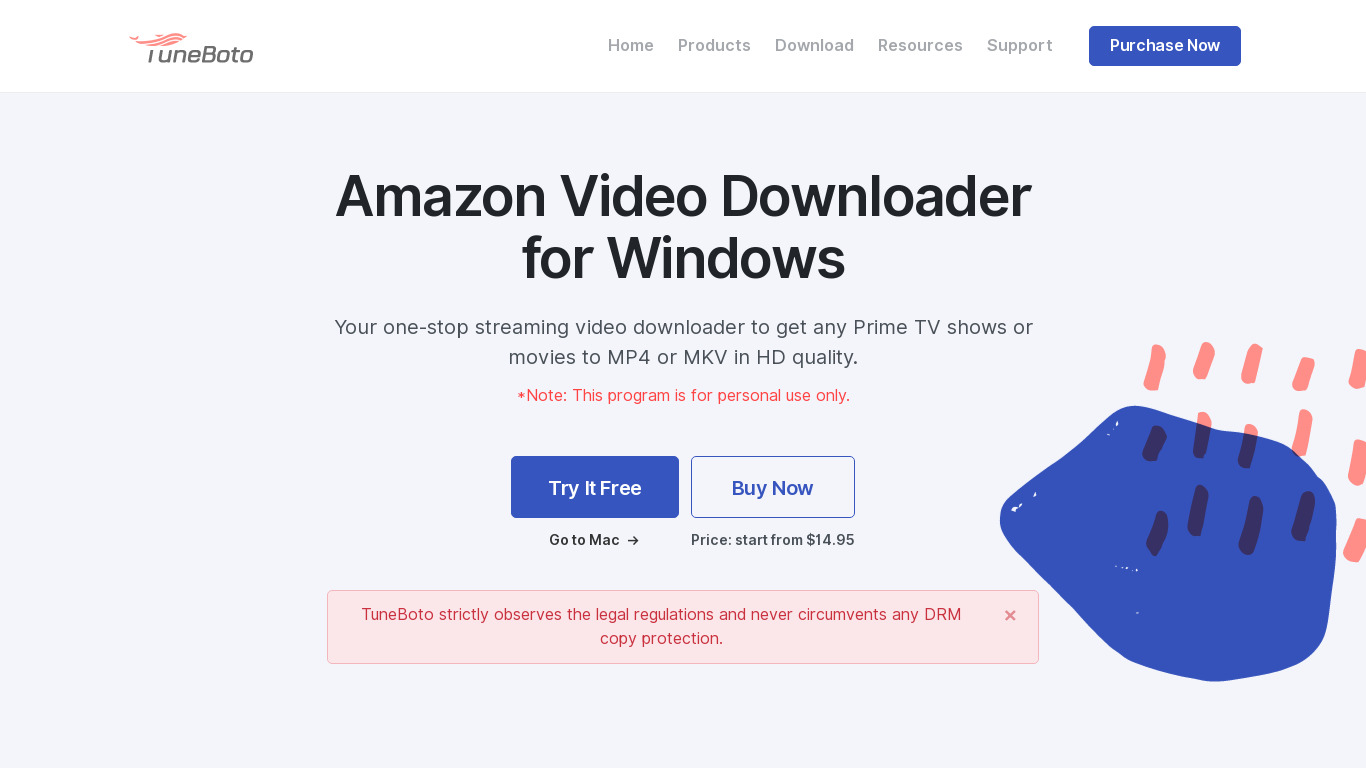 TuneBoto Amazon Video Downloader Landing page