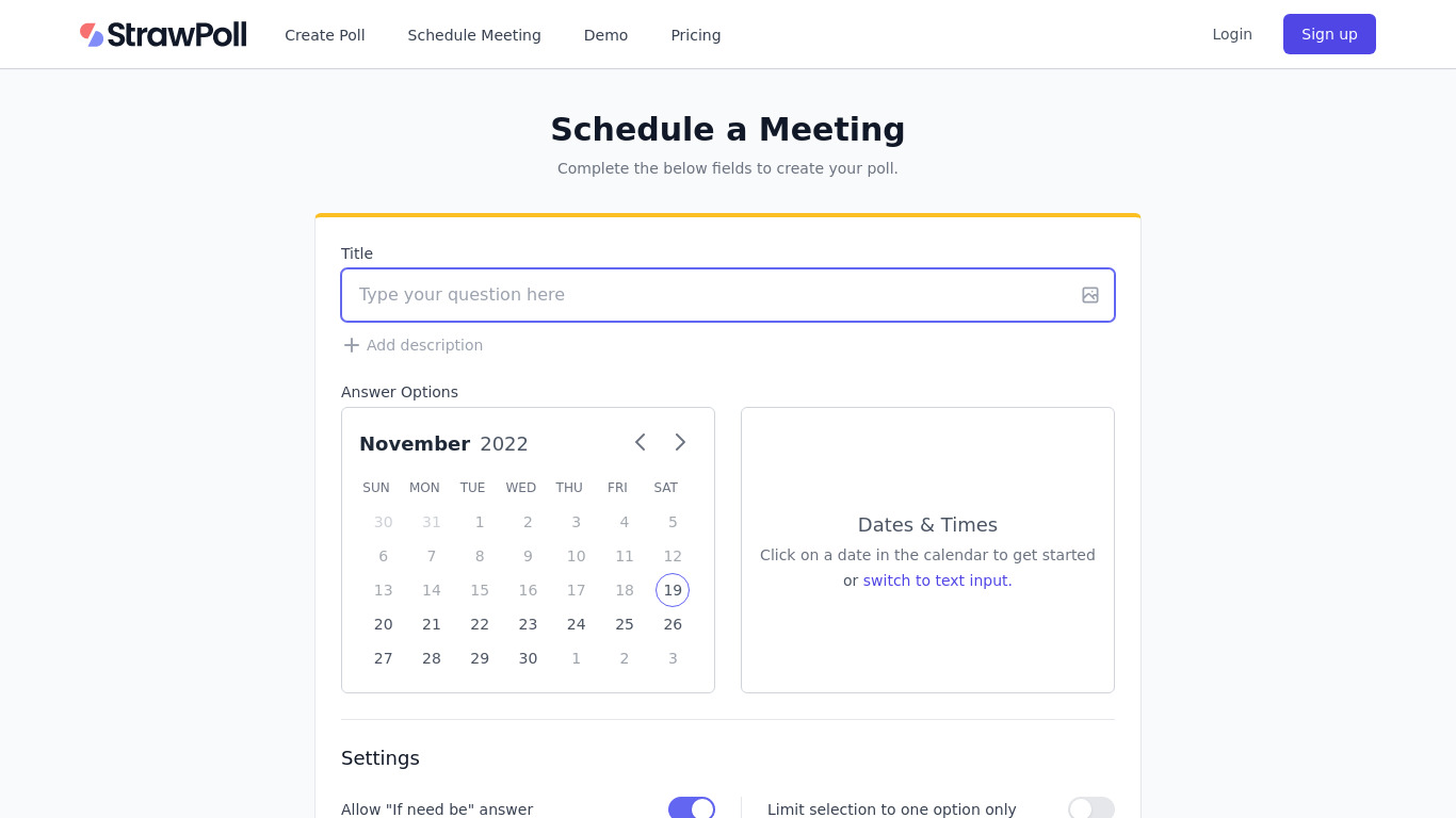StrawPoll Schedule Meeting Landing page