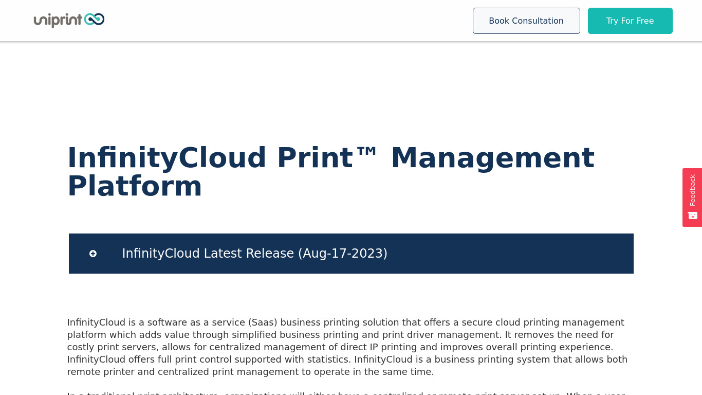 Uniprint InfinityCloud Print Management Landing page