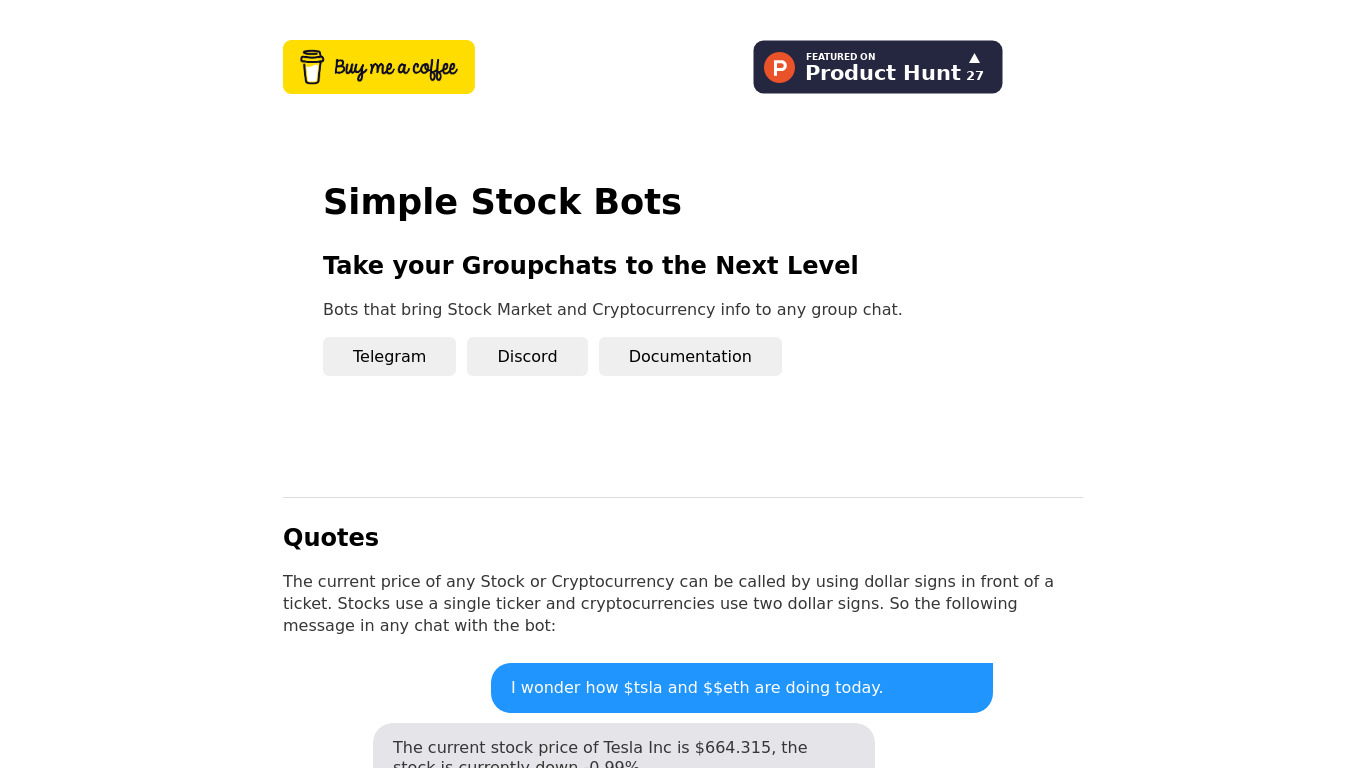 Simple Stock Bot Landing page