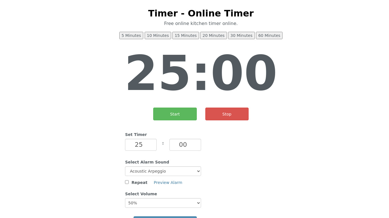 Online timer Landing page