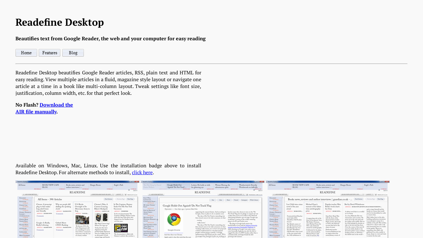 Readefine Desktop Landing page