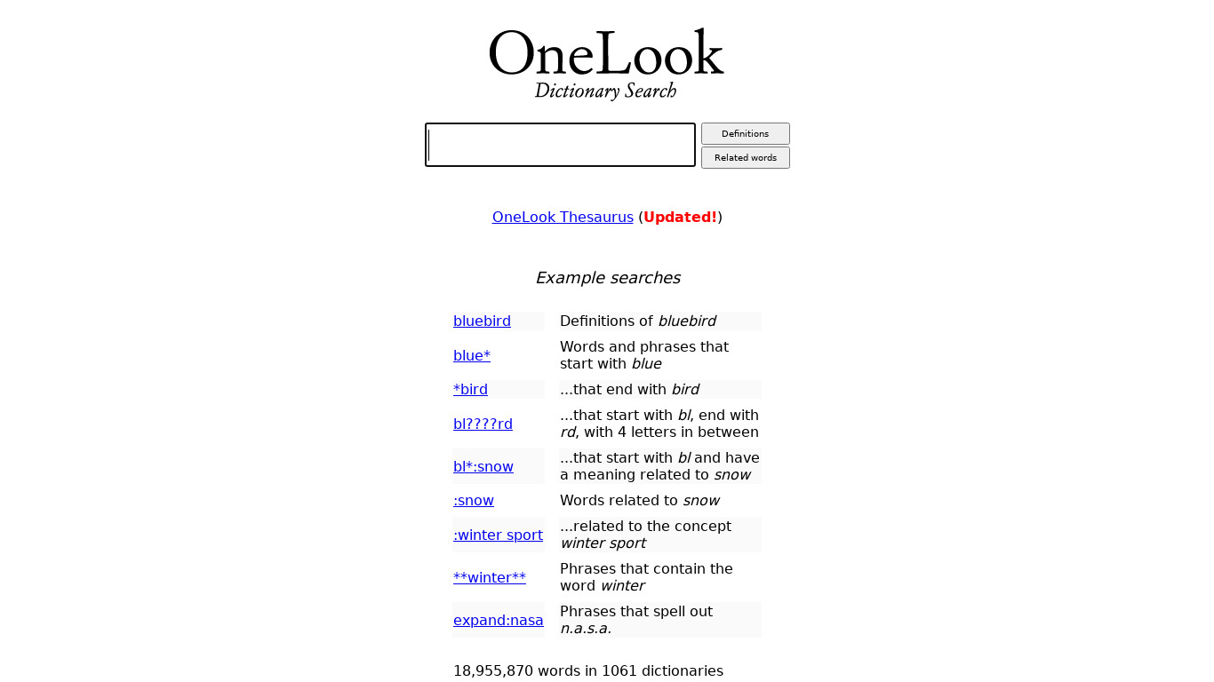 Onelook Landing page