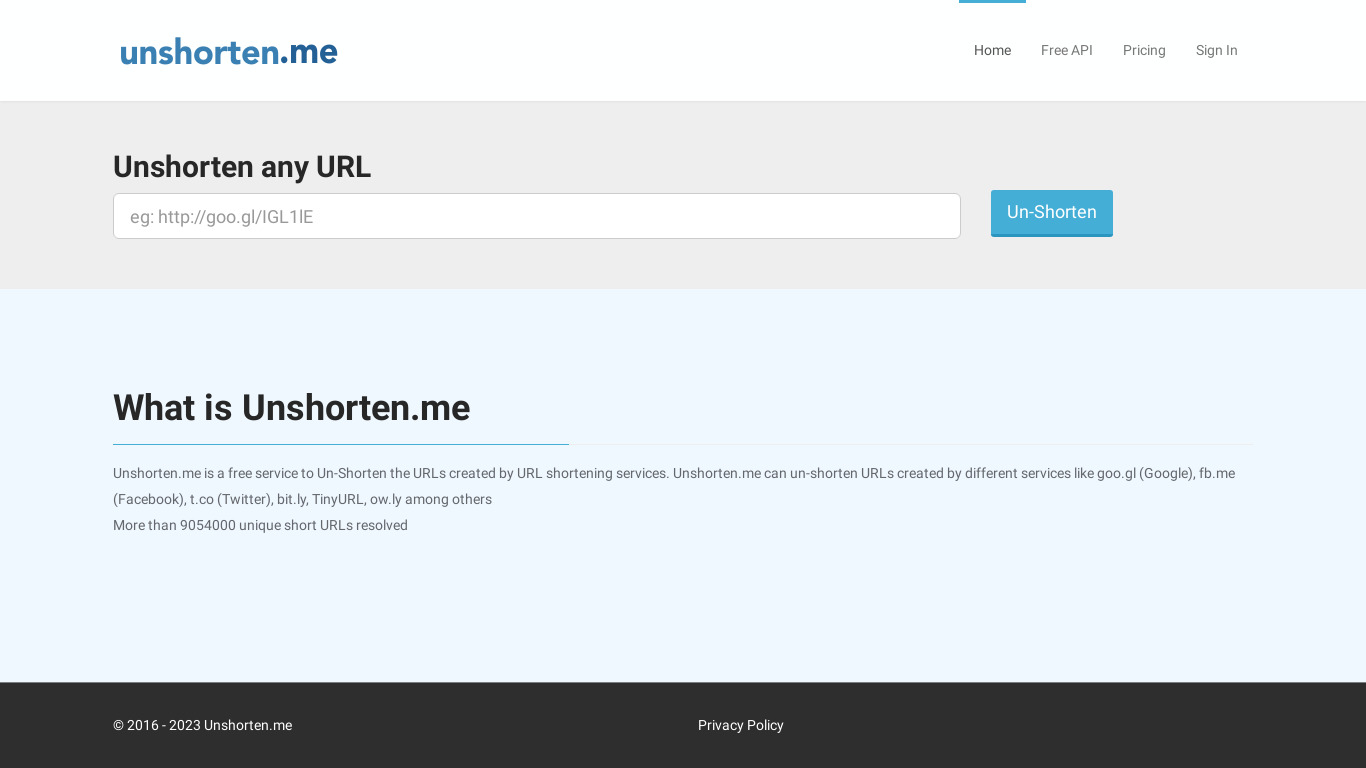 unshorten.me Free URL Un-Shortener Landing page