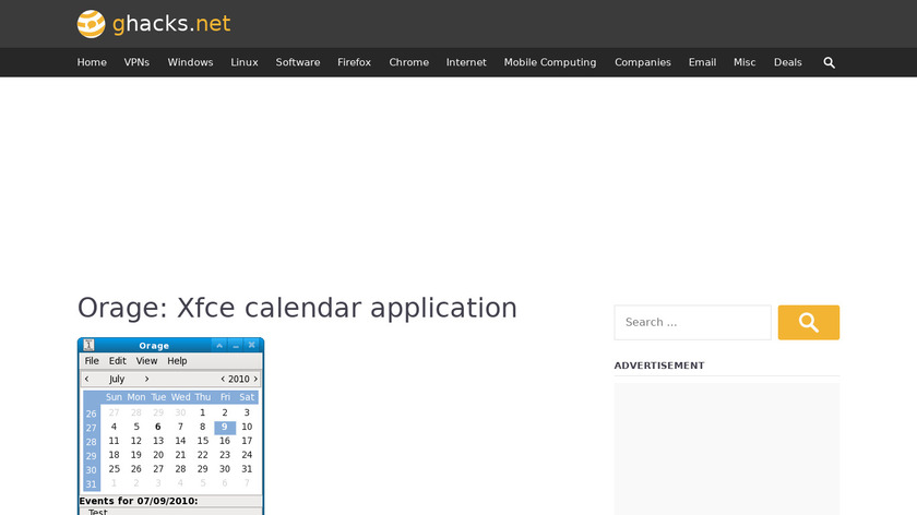 Orage Calendar Landing Page