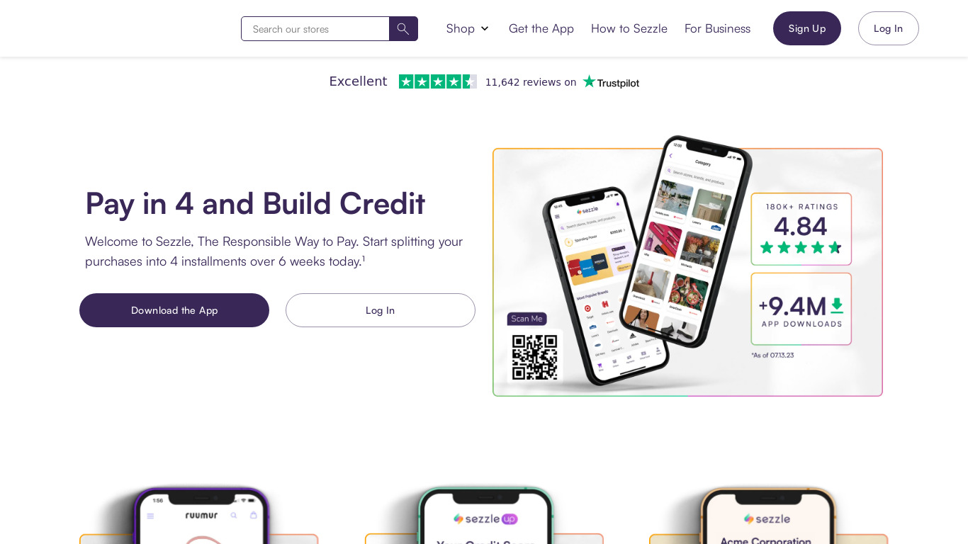 Sezzle Landing page