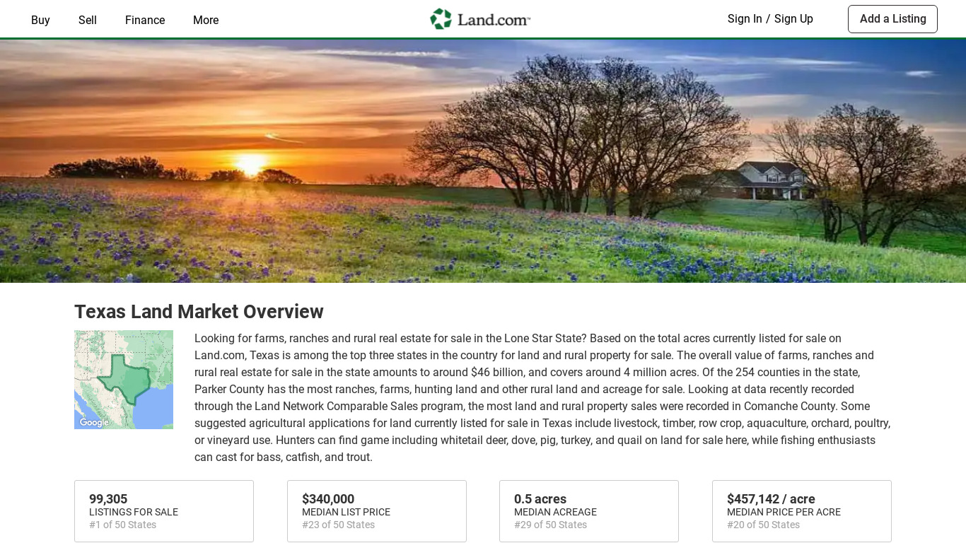 Lands of Texas Landing page