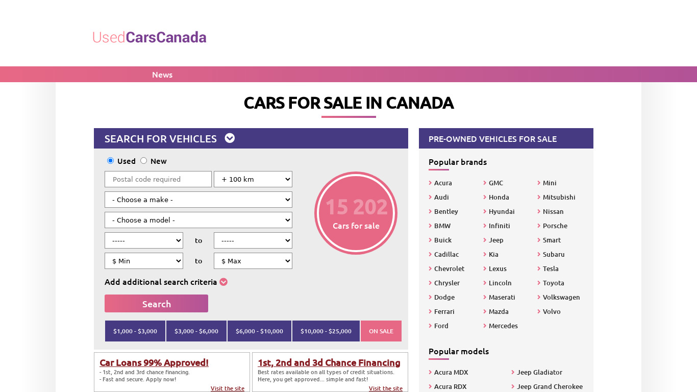 Used Cars Canada Landing page