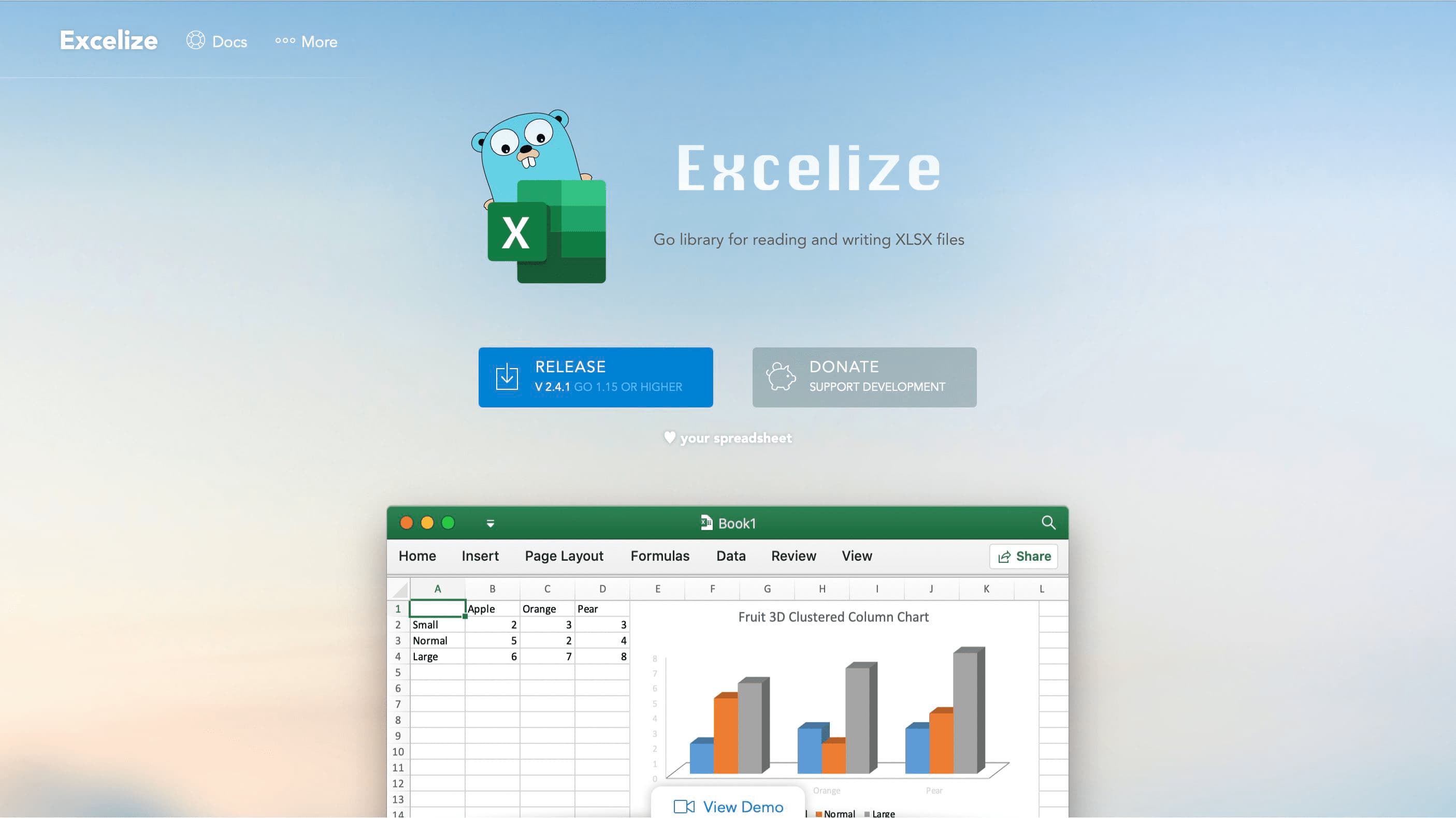 Excelize Landing page