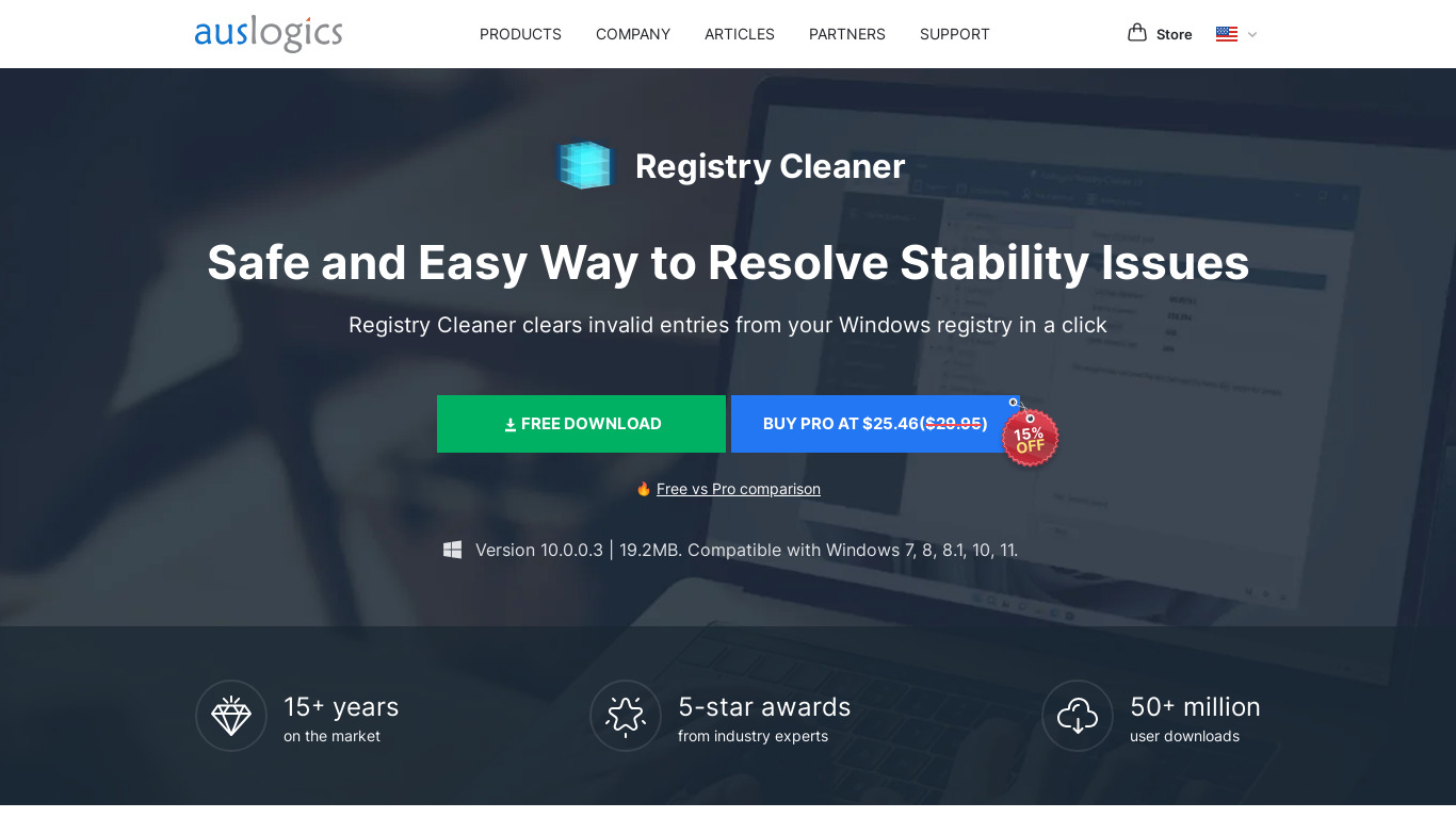 Auslogics Registry Cleaner Free Landing page